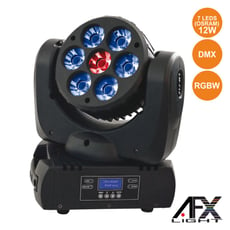 Afx Light   Moving Head Wash 7 LEDS OSRAM 12W RGBW DMX - Proyector MOVING HEAD con LED OSRAM, Número de LED: 7 LED OSRAM RGBW de 12 W, Modos: Auto, Sonido, DMX, Maestro Esclavo, Voltaje de funcionamiento: 230 VCA, atenuador, 13/6/37 canales DMX, PAN: 540...