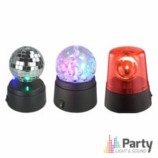 Party Light & Sound KIDZ-PARTY - Conjunto de 3 efectos de luz., 1 bola de espejos, 1 proyector LED RGB, 1 proyector con baliza luminosa, Alimentación: 3 pilas AA (no incluidas), 