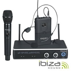 Ibiza Central Microfone s/ Fios 2 Canais UHF 863.9/864.9MHZ DR20UHF-HB - Centro de micrófono UHF inalámbrico de 2 canales, Frecuencia de funcionamiento: 863,9 ~ 864,9 MHz, Sensibilidad: -105dBm, Alcance máximo: 60 m, 1 micrófono de mano, 1 micrófono de diadema inalámbri...