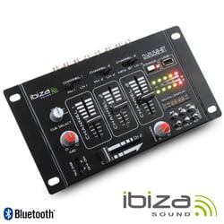 Ibiza  Mesa de Mistura 4 Canais 7 Entrada USB/BT DJ21USB-BT - Mesa de mezclas con 4 canales USB/BT, Entradas 1 PHONO/Line conmutable, 1 PHONO/USB conmutable, 1 CD y 2 MIC, Control de reproducción USB con Bluetooth, Talkover, medidor de VU LED, Auriculares CUE...